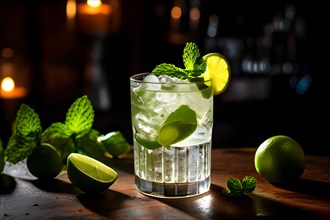 Mojito glass condensation beads shimmering fresh mint leaves garnishing placed on rustic bar, AI