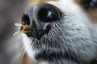 Close up of bee on dog nose. KI generiert, generiert AI generated