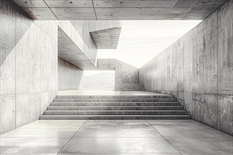 Contemporary concrete hallway with geometric lines creating a play of light and shadows, AI