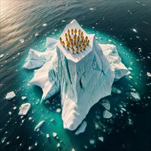 Aerial view of group people wearing yellow winter garment standing on a large block of ice in the