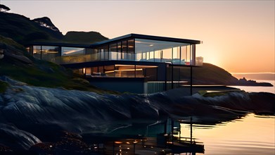 Sleek glass house nestled on a rugged coastline, AI generated, building, architecture, modern