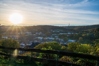 Sunrise over an idyllic city scene surrounded by trees and hills, Arrenberg, Elberfeld, Wuppertal,