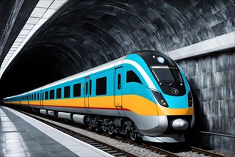 Modern train in tunnel, outside view, AI generated