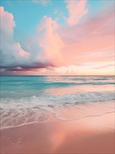 Pastel pink and blue beack scene with ocean and romantic clouds. KI generiert, generiert AI