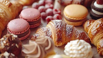 Assortment of sweet pastries with macarons, croissants dusted with powdered sugar, and garnishes,