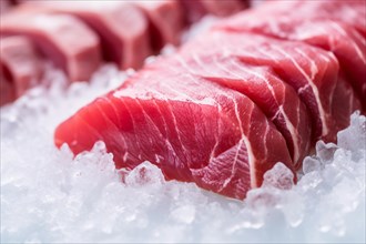 Close up of slices of raw tuna fish filet on ice. KI generiert, generiert AI generated