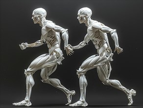 Two monochrome anatomical models in walking motion on a white background, AI generated, AI