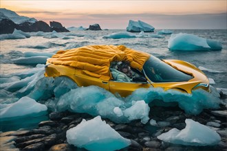 Yellow sports car floating, covered with a quilt on ice creates a surreal scene, alone isolated in
