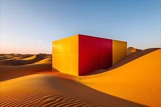 Architectural minimalism capturing intersecting yellow and red walls build in sand dunes, AI