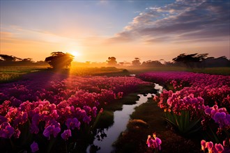 Sunrise embracing an orchid field in golden light, AI generated