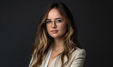 Professional looking woman in glasses against a neutral backdrop exudes confidence AI generated