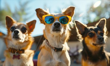 Close-up of three lively dogs with expressive eyes and colorful sunglasses AI generated