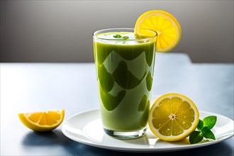 Detoxifying green tea and lemon smoothie, AI generated