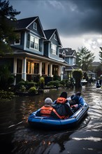 Boat navigates through a flooded residential area, AI generated