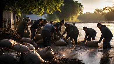 Riverside community banding together filling sandbags in the face of rising floodwaters, AI
