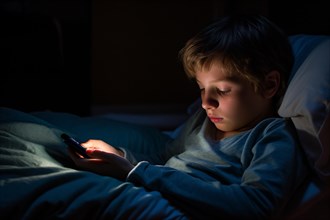 Young tired child with mobile phone in bed at night. KI generiert, generiert AI generated