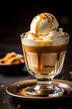 Affogato al caff featuring a scoop of vanilla bean ice cream drowned in a shot of hot espresso, AI