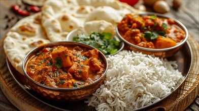 A spread of Indian curry dishes with basmati rice and naan bread, ai generated, AI generated
