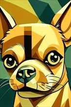 A stylized geometric cubist illustration of a chihuahua dog with green and yellow tones, vertical