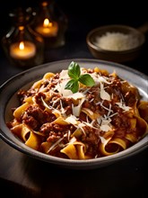 Pappardelle pasta entangled in a savory wild boar ragu, AI generated