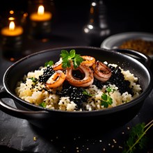 Risotto al nero di seppia creamy rice blackened with squid ink gourmet culinary delight, AI