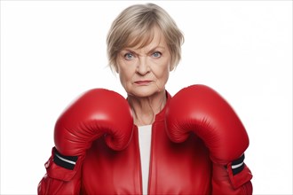An older woman with boxing gloves looks confidently and resolutely into the camera, symbolic image