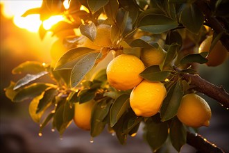 Lemon fruits groping on tree with beautiful sunset sun in background. KI generiert, generiert AI