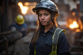 Mixed-race young Female worker in focus, dressed in protective gear, with a dynamic industrial