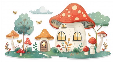 Storybook style illustration of a whimsical mushroom house in a lush forest with butterflies, ai
