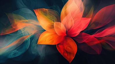 Vibrant abstract digital art of a flower with flowing shapes in red, orange, and blue, ai