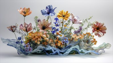 A spread of colorful, semi-transparent fabric flowers arranged artistically, ai generated, AI