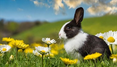 KI generated, A black and white dwarf rabbit in a meadow with white and yellow flowers, spring,