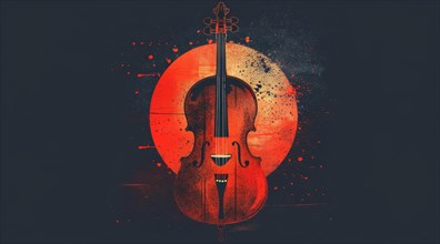 A stylized abstract violin against a dark backdrop with red circular and splatter elements, ai