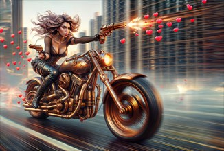 A powerful depiction of a modern angel woman shooting heart shaped bullets while speeding and