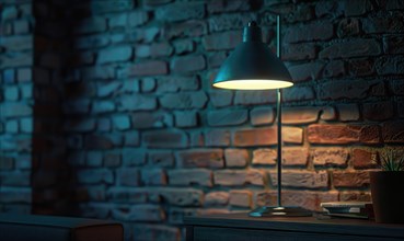 A desk lamp creates a focused light in a moody setting with books and a dark blue ambient light AI