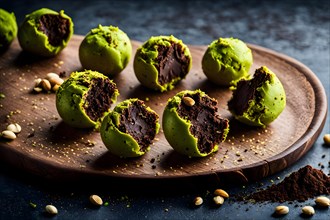 Vegan dark chocolate and almond truffles cocoa powder dusting nestled in crushed pistachios, AI