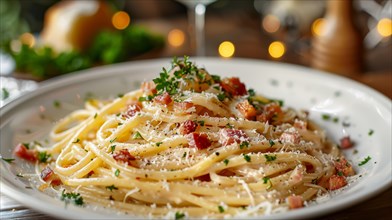 Classic Italian spaghetti carbonara garnished with parmesan cheese, crispy bacon, and herbs, ai