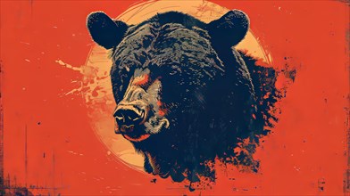 Close-up of a bear's silhouette over a rough, red and orange splattered backdrop, ai generated, AI