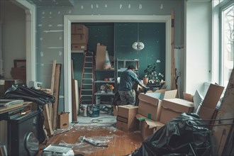 Man working amidst the mess during an interior renovation project, AI generated