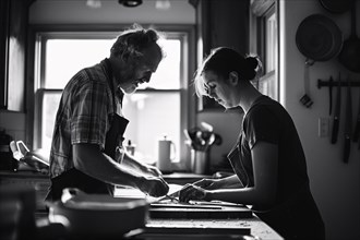 Two people intently preparing food together in a rustic kitchen, captured in black and white, AI
