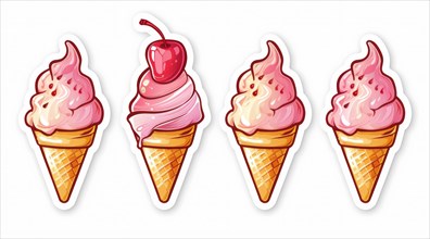 A set of pink ice cream cones with a cherry on top illustrated in a delicious style, ai generated,