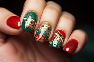 Woman's fingernails with festive green, red and gold Christmas nail art design. KI generiert,