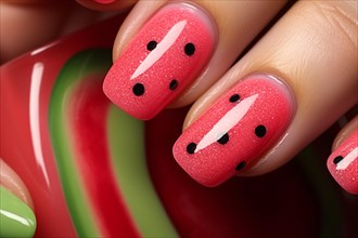 Close up of woman's fingernails with fun summer themed watermelon nail art design. KI generiert,