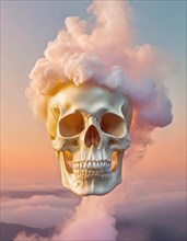 Big human skull fuming pink smoke above the clouds. Conceptual vaporwave background in pastel