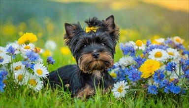 Ki generated, A black Yorkshire Terrier lies in the grass of a meadow with many flowers, dog breed,