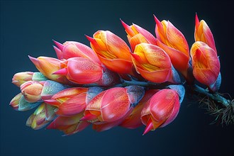 A bunch of vibrant orange and red tulips covered in dew drops, AI generated
