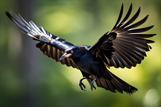 Black woodpecker in flight wings fully extended, AI generated