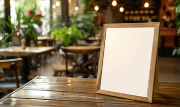 A blank framed canvas on a wooden table in a cozy cafe setting with plants AI generated