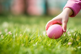 Hand of child picking up pink painted easter egg from grass during egg hunt. KI generiert,