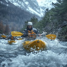 Whitewater riders ride boats through rapids, AI generated